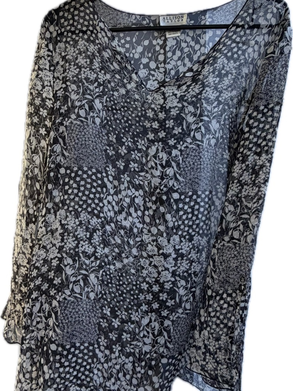 Allison Taylor Black and White 100% Silk Floral Blouse